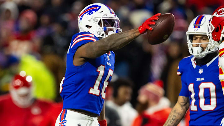 Buffalo Bills wide receiver Trent Sherfield (16) celebrates a play against the Kansas City Chiefs in the 2024 AFC divisional round game at Highmark Stadium.