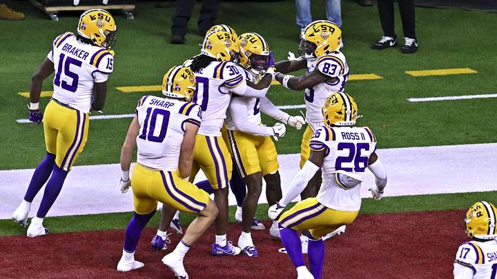 LSU celebrates in the end zone during the 2025 Texas Bowl LSU celebrates in the end zone during the 2025 Texas Bowl