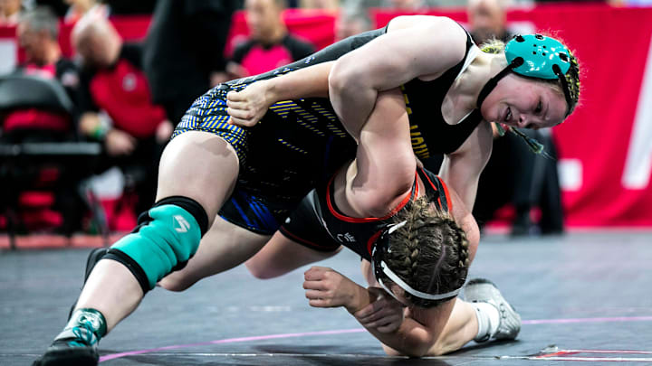 Haylee Mcgrew, a wrestler for Des Moines Public Schools, competes at the 2023 state wrestling tournament. 