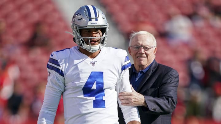 August 10, 2019; Santa Clara, CA, USA; Dallas Cowboys quarterback Dak Prescott (4) and owner Jerry Jones (right) before the game against the San Francisco 49ers at Levi's Stadium. August 10, 2019; Santa Clara, CA, USA; Dallas Cowboys quarterback Dak Prescott (4) and owner Jerry Jones (right) before the game against the San Francisco 49ers at Levi's Stadium.