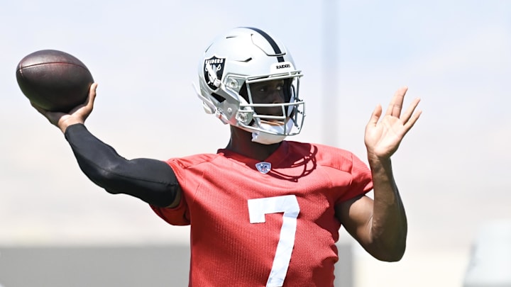 Jun 11, 2025; Henderson, NV, USA; Las Vegas Raiders quarterback Geno Smith (7) throws the ball during Las Vegas Raiders Minicamp at Intermountain Health Performance Center. Mandatory Credit: Candice Ward-Imagn Images