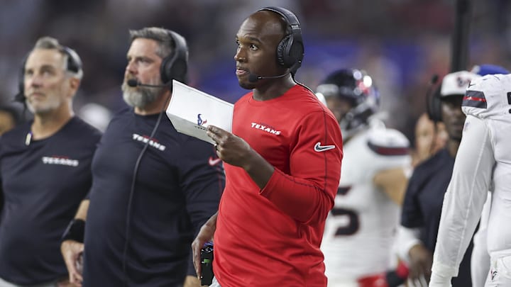 Sep 15, 2024; Houston, Texas, USA; Houston Texans head coach DeMeco Ryans looks on during the second quarter against the Chicago Bears at NRG Stadium.
