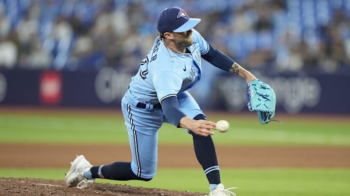 May 30, 2023; Toronto, Ontario, CAN; Toronto Blue Jays pitcher Adam Cimber (90) pitches to the