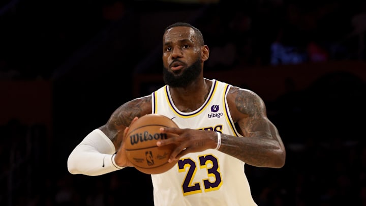 Mar 16, 2024; Los Angeles, California, USA; Los Angeles Lakers forward LeBron James (23) passes