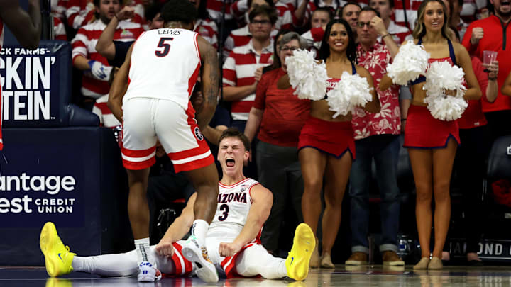 Jan 20, 2024; Tucson, Arizona, USA; Arizona Wildcats guard Pelle Larsson (3) celebrates a turnover