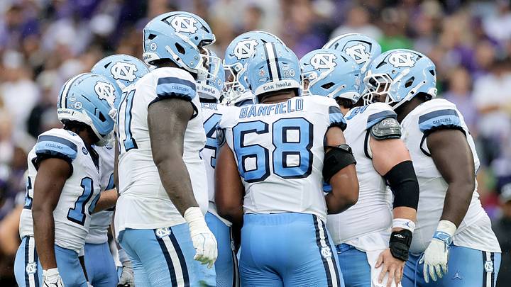 Aug 29, 2026; Dublin, Co. Dublin, IRL; The North Carolina Tar Heels huddle in the first half against the TCU Horned Frogs at Aviva Stadium. Mandatory Credit: Laszlo Geczo-Imagn Images