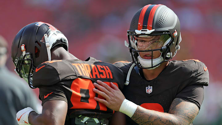 Cleveland Browns quarterback Dillon Gabriel (8) shares a moment with wide receiver Jamari Thrash (80) before an NFL football game at Huntington Bank Field, Sept. 21, 2025, in Cleveland, Ohio.