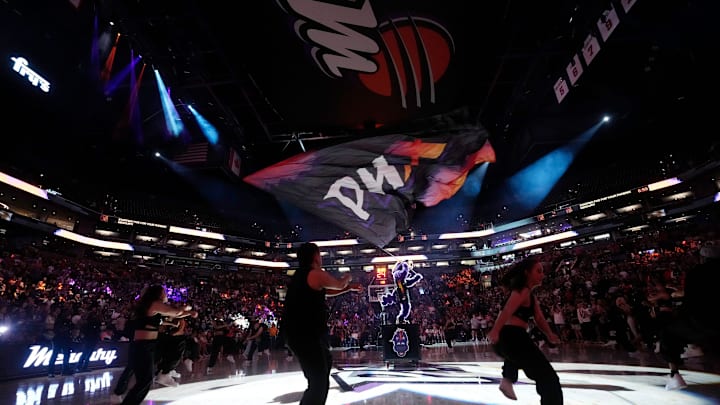 Scorch fires up the crowd before the Phoenix Mercury plays against the Dallas Wings in Phoenix, at PHX Arena on Jun 11, 2025.