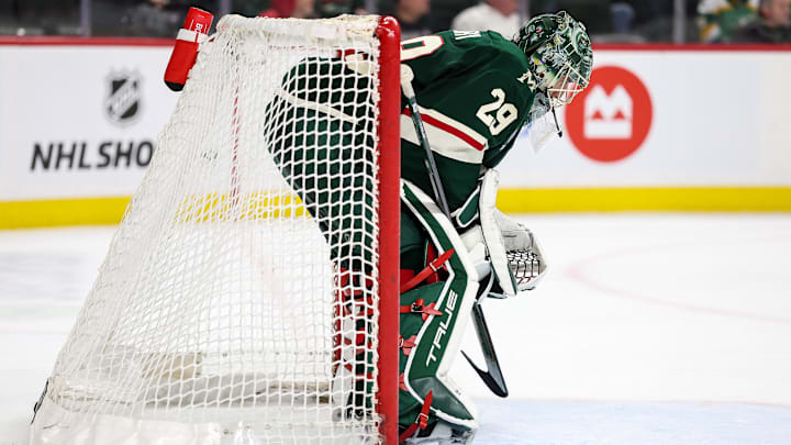 Mar 25, 2025; Saint Paul, Minnesota, USA; Minnesota Wild goaltender Marc-Andre Fleury (29) looks on during the third period against the Vegas Golden Knights at Xcel Energy Center. Mandatory Credit: Matt Krohn-Imagn Images