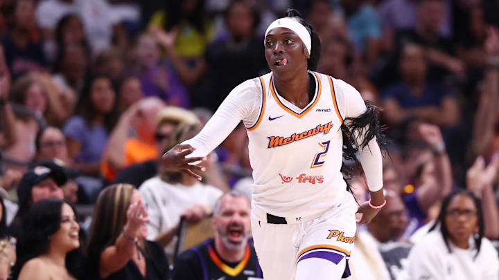 Aug 28, 2025; Phoenix, Arizona, USA; Phoenix Mercury guard Kahleah Copper (2) celebrates a three pointer against the Chicago Sky in the first half at Phx Arena. Mandatory Credit: Mark J. Rebilas-Imagn Images