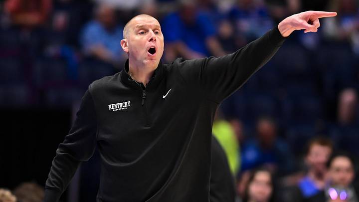 Mar 11, 2026; Nashville, TN, USA;  Kentucky Wildcats head coach Mark Pope yells to his team against the Louisiana State Tigers during the first half at Bridgestone Arena. Mandatory Credit: Steve Roberts-Imagn Images
