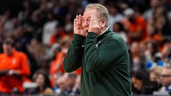 Michigan State head coach Tom Izzo reacts to a play against Auburn during the second half of the Elite Eight round of NCAA tournament at State Farm Arena in Atlanta, Ga. on Sunday, March 30, 2025.