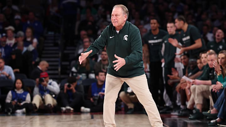 Nov 18, 2025; New York, New York, USA; Michigan State Spartans head coach Tom Izzo reacts during the second half against the Kentucky Wildcats at Madison Square Garden. Mandatory Credit: Vincent Carchietta-Imagn Images