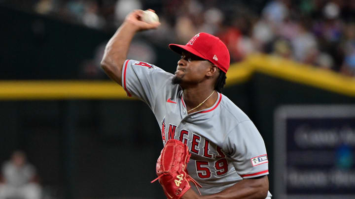 Jun 12, 2024; Phoenix, Arizona, USA; Los Angeles Angels pitcher Jose Soriano (59) throws in the fourth inning against the Arizona Diamondbacks at Chase Field. Mandatory Credit: Matt Kartozian-USA TODAY Sports