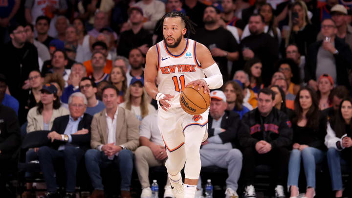 May 19, 2024; New York, New York, USA; New York Knicks guard Jalen Brunson (11) brings the ball up court against the Indiana Pacers during the third quarter of game seven of the second round of the 2024 NBA playoffs at Madison Square Garden. Mandatory Credit: Brad Penner-USA TODAY Sports