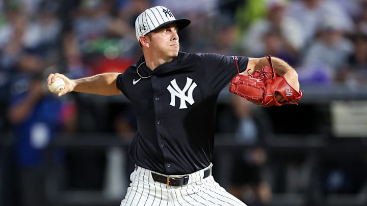 New York Yankees pitcher Allan Winans  (62) throws a pitch against the Philadelphia Phillies in the fifth inning during spring training at George M. Steinbrenner Field in Tampa, Fla., on March 14, 2025.