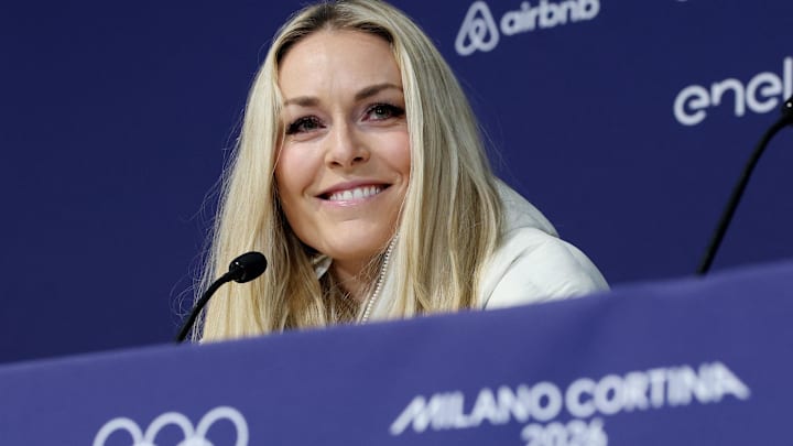 Lindsey Vonn attends a press conference at a press conference at the Cortina Curling Olympic Stadium in preparation for the Milano Cortina 2026 Olympic Winter Games.