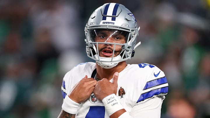 Sep 4, 2025; Philadelphia, Pennsylvania, USA; Dallas Cowboys quarterback Dak Prescott (4) looks on during warmups prior to the game against the Philadelphia Eagles at Lincoln Financial Field. Mandatory Credit: Bill Streicher-Imagn Images