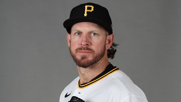Feb 18, 2026; Bradenton, FL, USA; Pittsburgh Pirates pitcher Chris Devenski (57) poses for a photo during media day at Pirate City. Mandatory Credit: Kim Klement Neitzel-Imagn Images