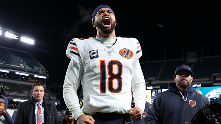 Chicago Bears quarterback Caleb Williams (18) celebrates after the game against the Philadelphia Eagles at Lincoln Financial Field.