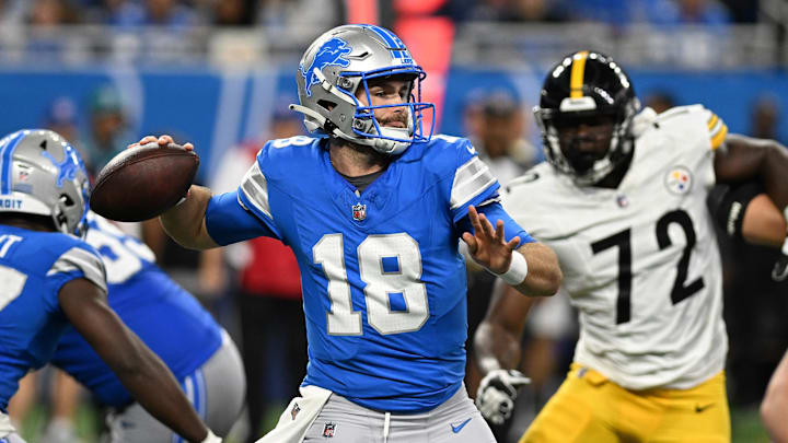 Former Detroit Lions quarterback Jake Fromm (18) throws a pass against the Pittsburgh Steelers 