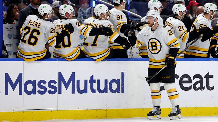 Apr 28, 2026; Buffalo, New York, USA; Boston Bruins center Elias Lindholm (28) celebrates his goal with teammates during the second period against the Buffalo Sabres in game five of the first round of the 2026 Stanley Cup Playoffs at KeyBank Center. Mandatory Credit: Timothy T. Ludwig-Imagn Images