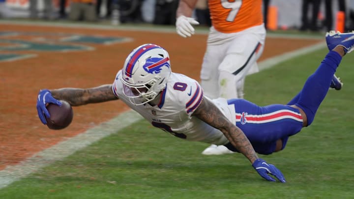 Buffalo Bills wide receiver Keon Coleman after getting tripped up stumbles towards the end zone and gets the ball into the end zone before hitting the ground for a touchdown during second half action at Empower FIeld at Mile High in Denver, Colorado on Jan. 17, 2026.