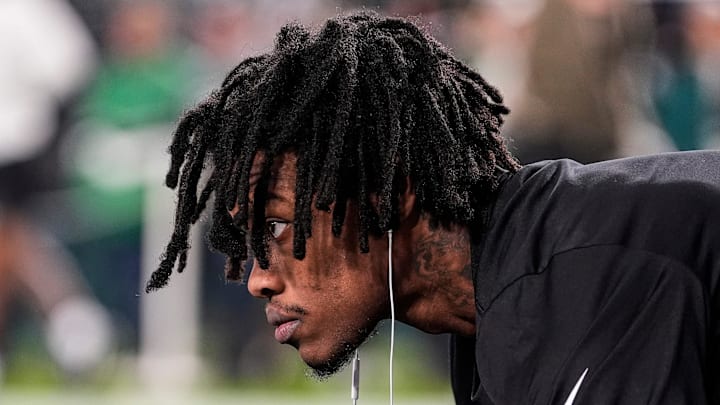 Detroit Lions wide receiver Jameson Williams (1) warms up ahead of the Philadelphia Eagles game at Lincoln Financial Field in Philadelphia on Sunday, November 16, 2025.