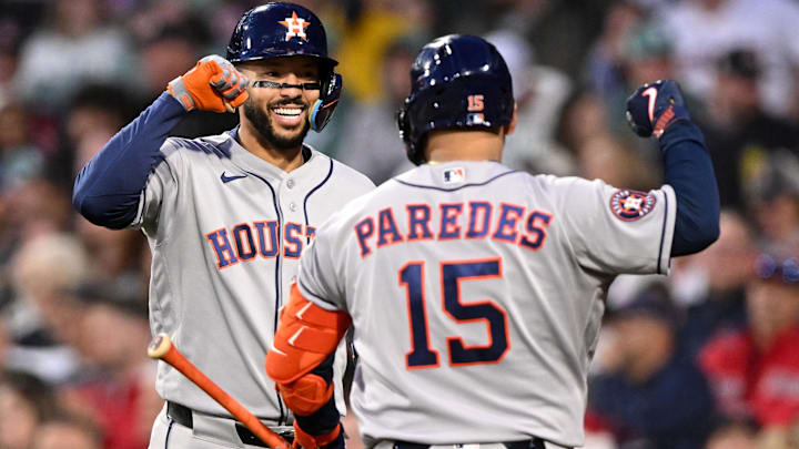 May 1, 2026; Boston, Massachusetts, USA; Houston Astros shortstop Carlos Correa (1) reacts with third baseman Isaac Paredes (15) after hitting a solo home run against the Boston Red Sox during the third inning at Fenway Park. Mandatory Credit: Brian Fluharty-Imagn Images May 1, 2026; Boston, Massachusetts, USA; Houston Astros shortstop Carlos Correa (1) reacts with third baseman Isaac Paredes (15) after hitting a solo home run against the Boston Red Sox during the third inning at Fenway Park. Mandatory Credit: Brian Fluharty-Imagn Images