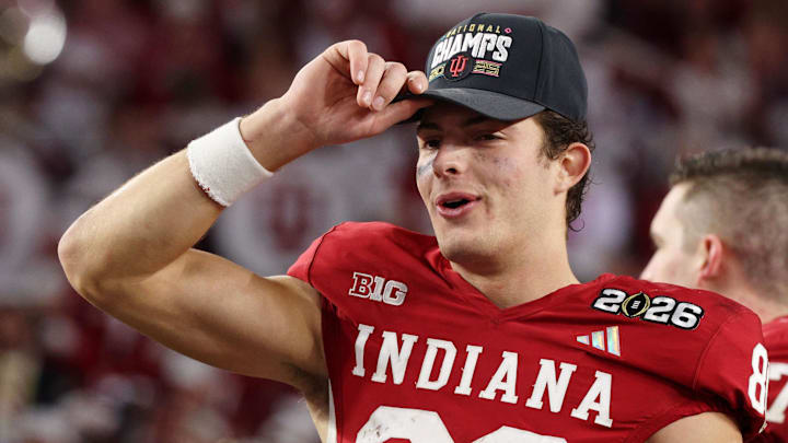 Jan 19, 2026; Miami Gardens, FL, USA; Indiana Hoosiers wide receiver Charlie Becker (80) celebrates after winning the College Football Playoff National Championship game at Hard Rock Stadium. Mandatory Credit: Nathan Ray Seebeck-Imagn Images Jan 19, 2026; Miami Gardens, FL, USA; Indiana Hoosiers wide receiver Charlie Becker (80) celebrates after winning the College Football Playoff National Championship game at Hard Rock Stadium. Mandatory Credit: Nathan Ray Seebeck-Imagn Images