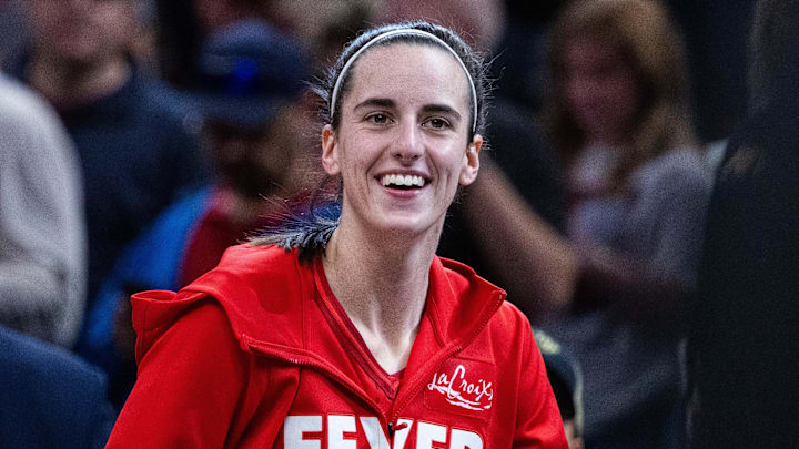 May 17, 2025; Indianapolis, Indiana, USA; Indiana Fever guard Caitlin Clark (22) before the game against the Chicago Sky at Gainbridge Fieldhouse. Mandatory Credit: Trevor Ruszkowski-Imagn Images
