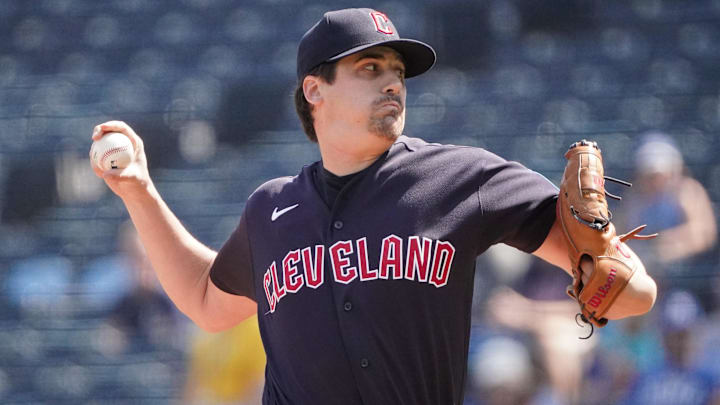 Sep 18, 2023; Kansas City, Missouri, USA; Cleveland Guardians starting pitcher Cal Quantrill (47) delivers against the Kansas City Royals in the first inning at Kauffman Stadium. Mandatory Credit: Denny Medley-Imagn Images