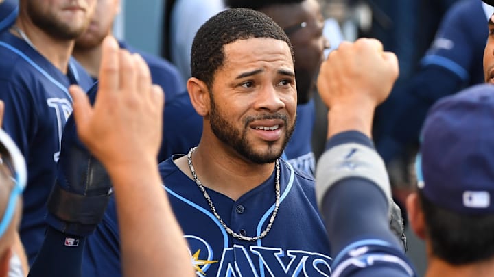 Sep 18, 2019; Los Angeles, CA, USA; Tampa Bay Rays center fielder Tommy Pham (29) is greeted in the dugout after scoring on a single by catcher Travis d'Arnaud (37) in the first inning against the Los Angeles Dodgers at Dodger Stadium. Mandatory Credit: Jayne Kamin-Oncea-Imagn Images