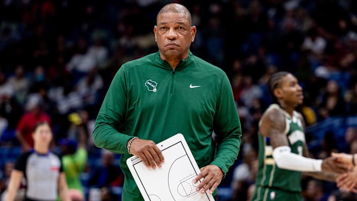 Apr 6, 2025; New Orleans, Louisiana, USA; Milwaukee Bucks head coach Doc Rivers looks on against the New Orleans Pelicans during the second half at Smoothie King Center. Mandatory Credit: Stephen Lew-Imagn Images