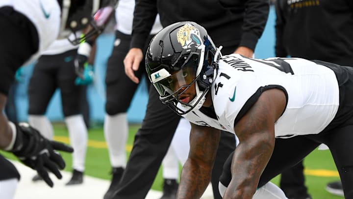 Dec 8, 2024; Nashville, Tennessee, USA;  Jacksonville Jaguars defensive end Josh Hines-Allen (41) warms up before a game against the Tennessee Titans at Nissan Stadium. Mandatory Credit: Steve Roberts-Imagn Images