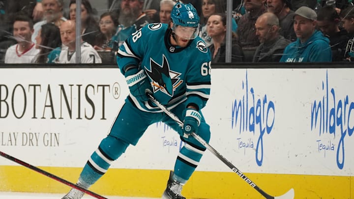 Apr 9, 2024; San Jose, California, USA; San Jose Sharks center Mike Hoffman (68) skates against the Calgary Flames during the first period at SAP Center at San Jose. Mandatory Credit: David Gonzales-Imagn Images