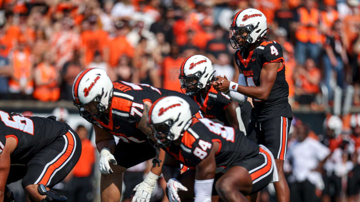 Oregon State Beavers quarterback Gevani McCoy (4) calls out a play during the first half of the game against Idaho State on Saturday, Aug. 31, 2024 at Reser Stadium in Corvallis, Ore.