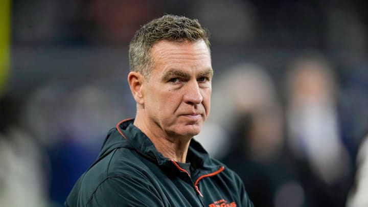 Cincinnati Bengals defensive coordinator Lou Anarumo takes the field as the Bengals warm up before facing the Dallas Cowboys for Monday Night Football at AT&T Stadium in Arlington, Texas on Monday, December 9, 2024.