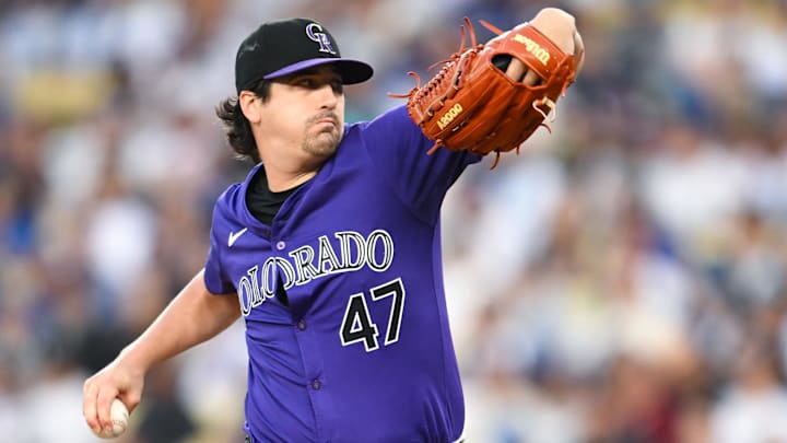 Sep 21, 2024; Los Angeles, California, USA; Colorado Rockies pitcher Cal Quantrill (47) throws a pitch against the Los Angeles Dodgers during the first inning at Dodger Stadium. Mandatory Credit: Jonathan Hui-Imagn Images Sep 21, 2024; Los Angeles, California, USA; Colorado Rockies pitcher Cal Quantrill (47) throws a pitch against the Los Angeles Dodgers during the first inning at Dodger Stadium. Mandatory Credit: Jonathan Hui-Imagn Images