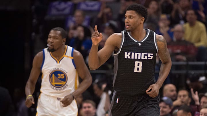 January 8, 2017; Sacramento, CA, USA; Sacramento Kings forward Rudy Gay (8) celebrates in front of Golden State Warriors forward Kevin Durant (35) during the first quarter at Golden 1 Center. The Warriors defeated the Kings 117-106. Mandatory Credit: Kyle Terada-Imagn Images