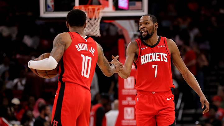 Apr 3, 2026; Houston, Texas, USA; Houston Rockets forward Jabari Smith Jr. (10) congratulates Houston Rockets forward Kevin Durant (7) after a play against the Utah Jazz during the third quarter at Toyota Center. Mandatory Credit: Erik Williams-Imagn Images Apr 3, 2026; Houston, Texas, USA; Houston Rockets forward Jabari Smith Jr. (10) congratulates Houston Rockets forward Kevin Durant (7) after a play against the Utah Jazz during the third quarter at Toyota Center. Mandatory Credit: Erik Williams-Imagn Images