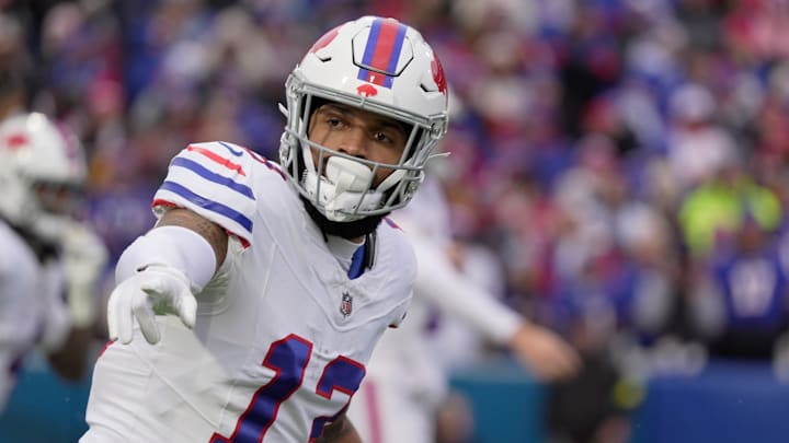 Buffalo Bills wide receiver Gabe Davis checks to see if he is on the line during first half action against the Tampa Bay Buccaneers on Nov 16, 2025 at Highmark Stadium in Orchard Park.