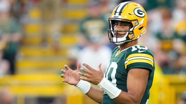 Aug 9, 2025; Green Bay, Wisconsin, USA;  Green Bay Packers quarterback Jordan Love (10) calls a play during the first quarter against the New York Jets at Lambeau Field. Mandatory Credit: Kayla Wolf-Imagn Images