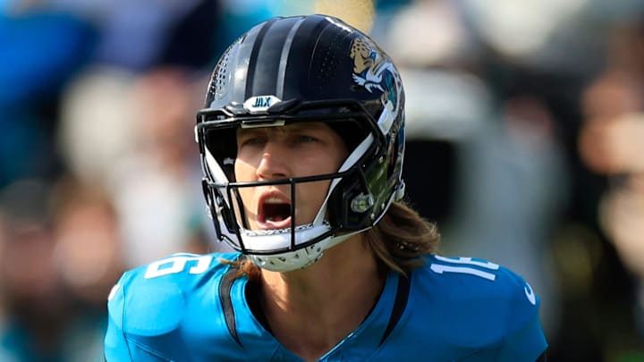 Jacksonville Jaguars quarterback Trevor Lawrence (16) reacts to a false start during the first quarter of an NFL football AFC Wild Card playoff matchup, Sunday, Jan. 11, 2026, in Jacksonville, Fla. The Bills defeated the Jaguars 27-24. [Corey Perrine/Florida Times-Union]