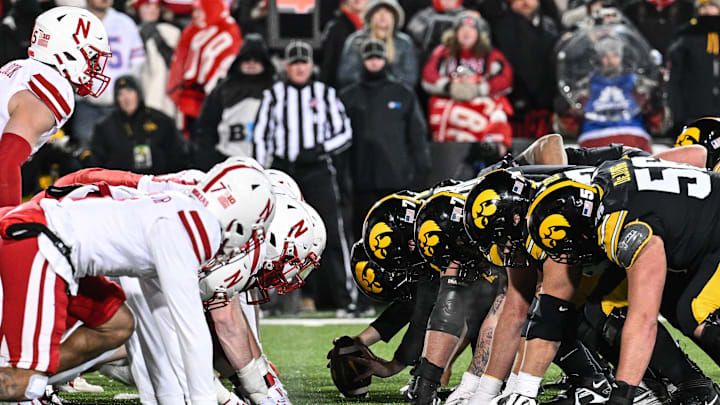 Nov 29, 2024; Iowa City, Iowa, USA; The line of scrimmage between the Iowa Hawkeyes and the Nebraska Cornhuskers during the third quarter at Kinnick Stadium.
