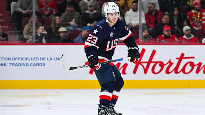 Feb 13, 2025; Montreal, Quebec, CAN; [Imagn Images direct customers only] Team USA defenseman Adam Fox (23) skates against Team Finland in the second period during a 4 Nations Face-Off ice hockey game at Bell Centre. Mandatory Credit: David Kirouac-Imagn Images
