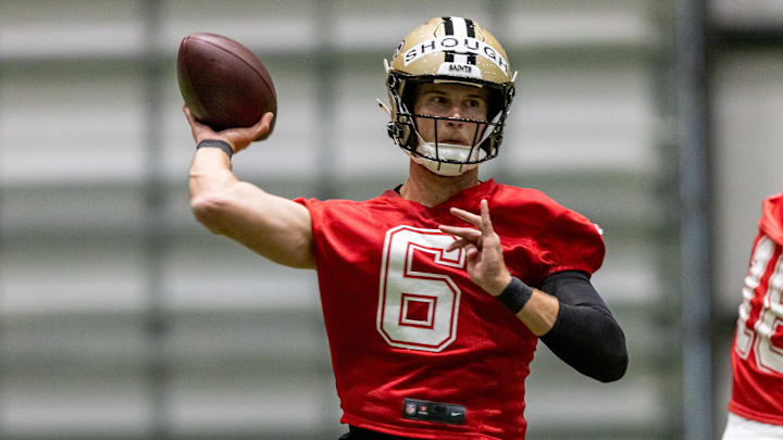 May 10, 2025; New Orleans, LA, USA;  New Orleans Saints quarterback Tyler Shough (6) during rookie minicamp at Ochsner Sports Performance Center. Mandatory Credit: Stephen Lew-Imagn Images