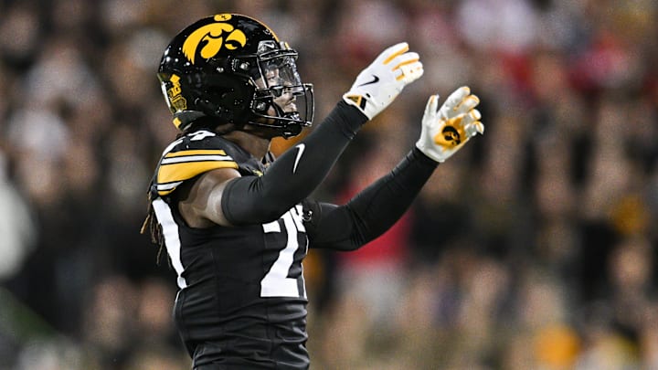 Nov 2, 2024; Iowa City, Iowa, USA; Iowa Hawkeyes defensive back Jermari Harris (27) reacts against the Wisconsin Badgers during the second quarter at Kinnick Stadium.  