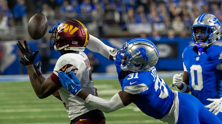 Jan 18, 2025; Detroit, Michigan, USA; Washington Commanders wide receiver Dyami Brown (2) receives a pass defended by Detroit Lions safety Kerby Joseph (31) during the second quarter at Ford Field. Mandatory Credit: David Reginek-Imagn Images Jan 18, 2025; Detroit, Michigan, USA; Washington Commanders wide receiver Dyami Brown (2) receives a pass defended by Detroit Lions safety Kerby Joseph (31) during the second quarter at Ford Field. Mandatory Credit: David Reginek-Imagn Images