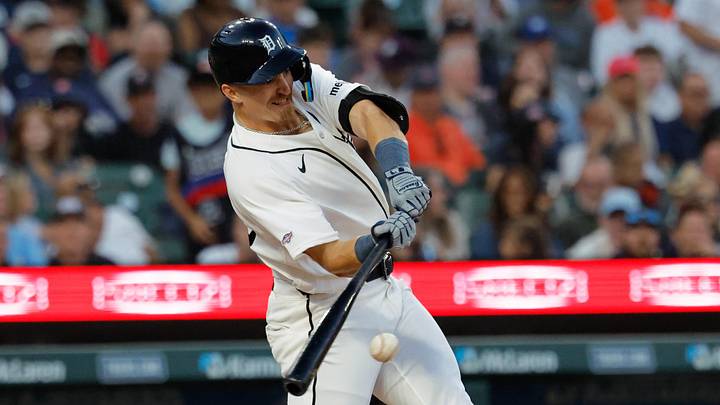 Jun 23, 2026; Detroit, Michigan, USA;  Detroit Tigers center fielder Ben Malgeri (53) hits a single in the seventh inning against the New York Yankees at Comerica Park. Mandatory Credit: Rick Osentoski-Imagn Images